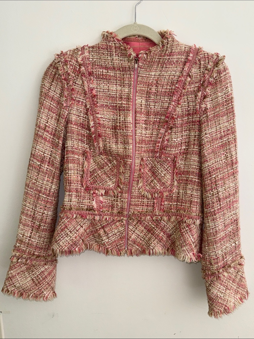 Rare Charles Chang-Lima Boucle Jacket, Cream and Pink Fringe. Chanel Style vinta